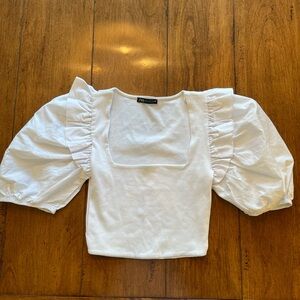 ZARA Women’s White Puff Sleeve Ribbed Cotton Crop Top Size Medium